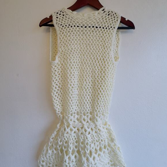 Handmade Crochet Sleeveless Cardigan Vest Ivory Tie Waist – One Size Boho Layer - Picture 8 of 8